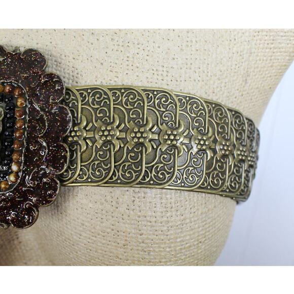 Boho Style Intricate Metal Stretchy Belt with Large‎ Enamel and Beaded Buckle - Picture 4 of 6